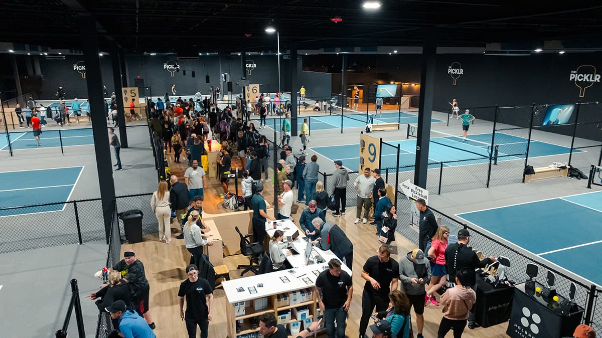 Aerial view of 10 dedicated indoor pickleball courts at The Picklr Bluffdale